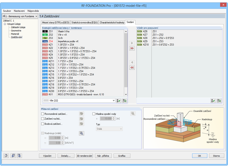 Kombinace zatížení pro výpočet sedání