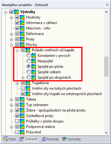 Možnosti nastavení průběhu vnitřních sil u ploch