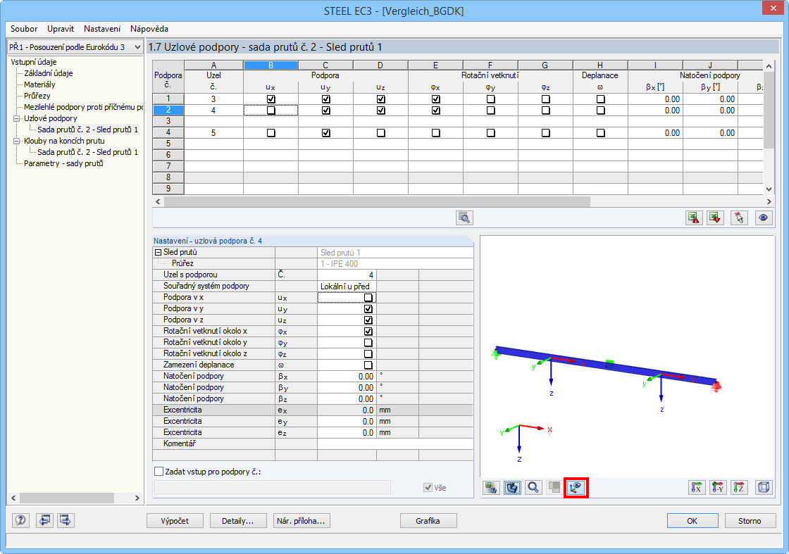 Zadání uzlových podpor pro analýzu vázaného kroucení