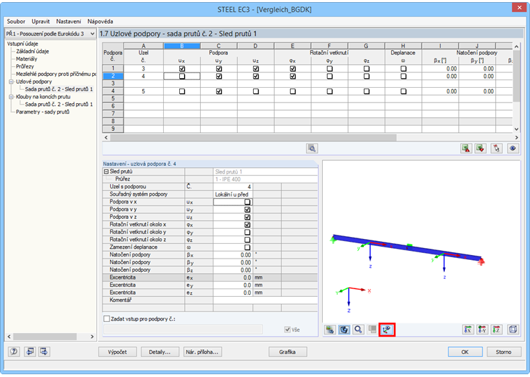 Zadání uzlových podpor pro analýzu vázaného kroucení