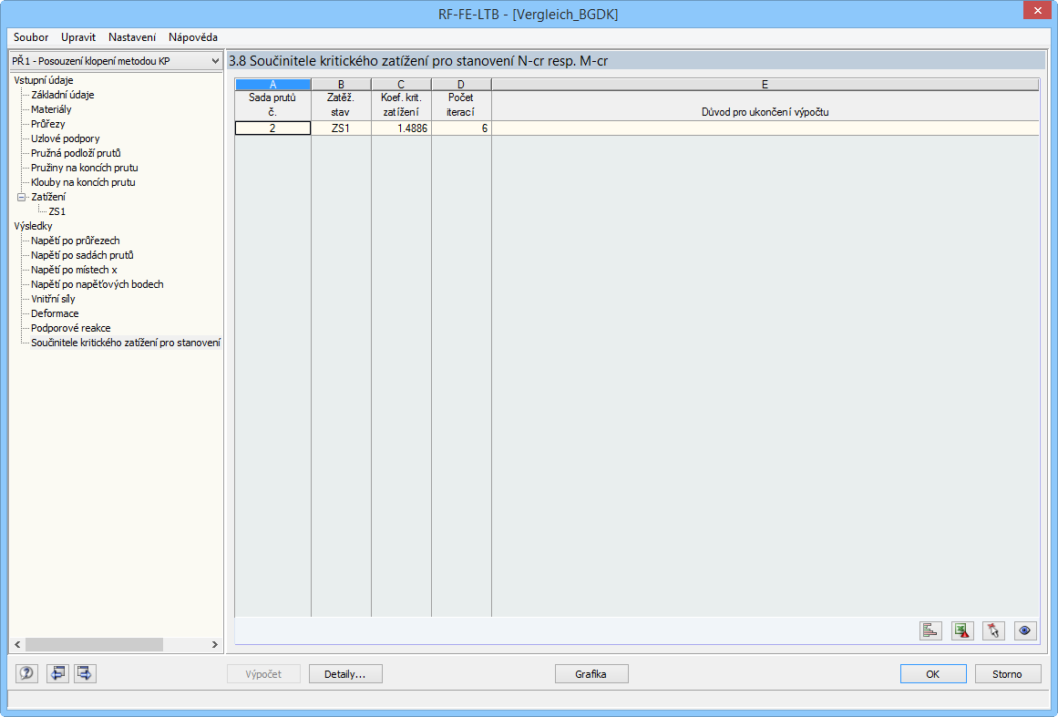 Výstup součinitele kritického zatížení