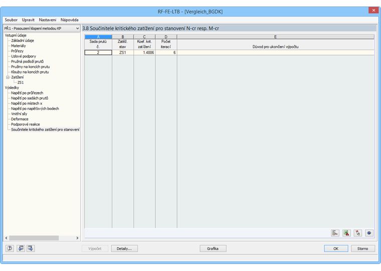 Výstup součinitele kritického zatížení