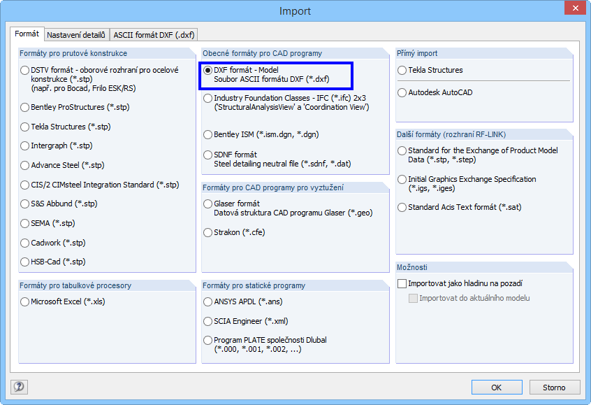 Import souboru DXF jako linií