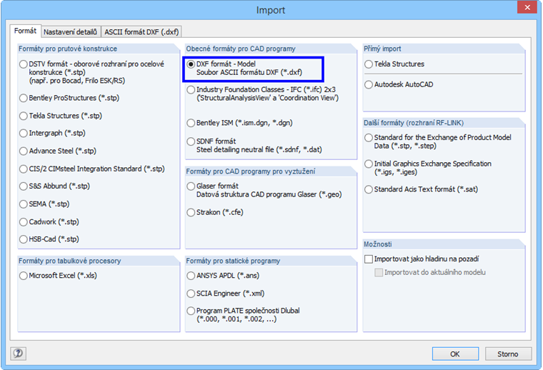 Import souboru DXF jako linií