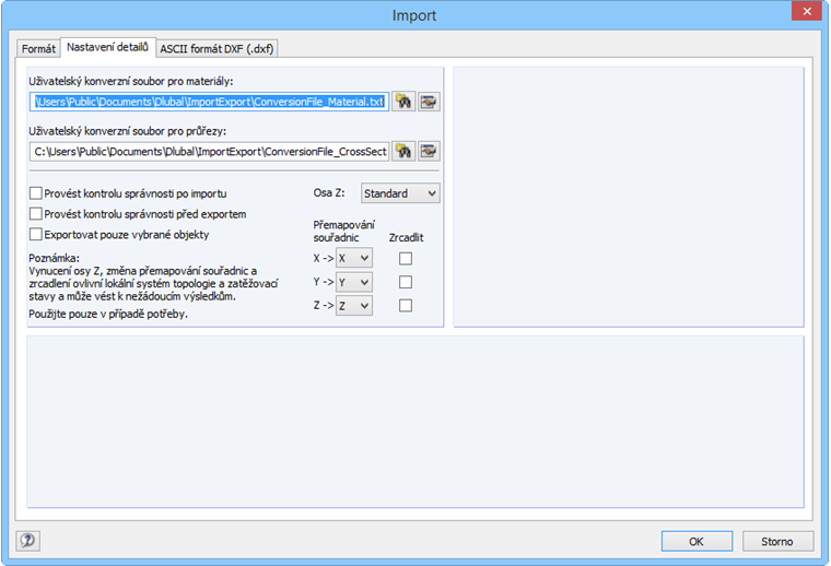 Podrobná nastavení pro import
