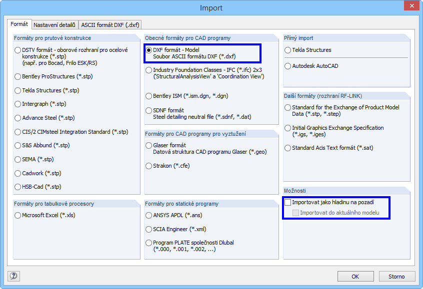 Import souboru DXF jako hladiny na pozadí