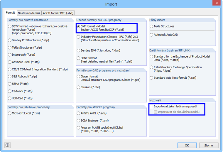 Import souboru DXF jako hladiny na pozadí