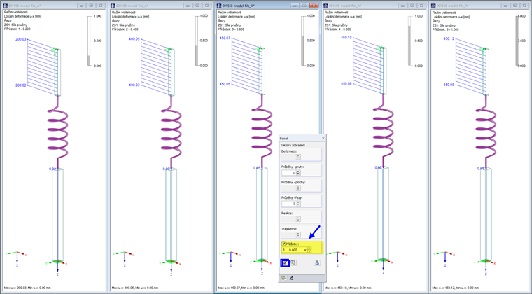 Deformace prutu u-x u každého z 5 přírůstků zatížení