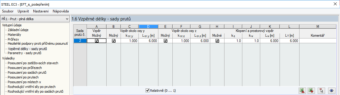 Dialog „1.6 Vzpěrné délky - sady prutů“