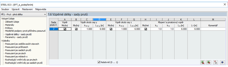 Dialog „1.6 Vzpěrné délky - sady prutů“
