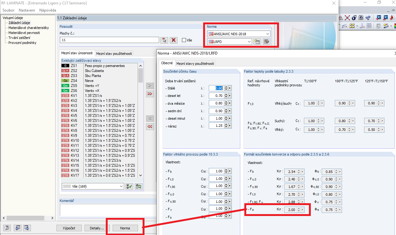 Součinitel konverze formátu, KF, při posouzení podle NDS 2018 a LRFD v modulu RF-LAMINATE