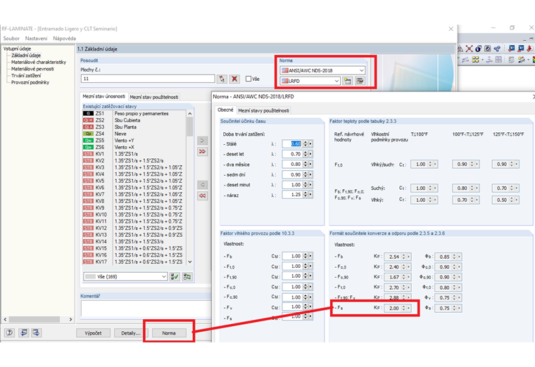Součinitel konverze formátu, KF, při posouzení podle NDS 2018 a LRFD v modulu RF-LAMINATE