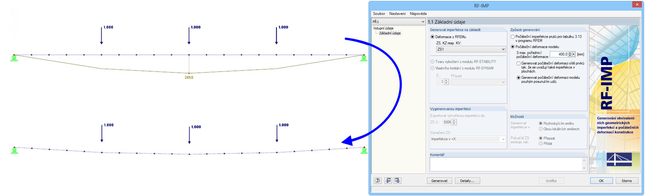 Počáteční deformace posunutím uzlů