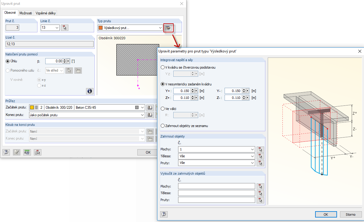 Parametry integrace Výsledkový prut