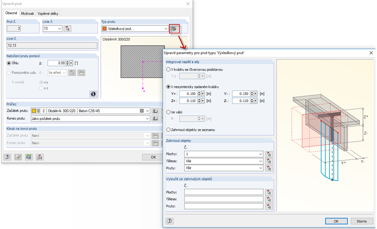 Parametry integrace Výsledkový prut
