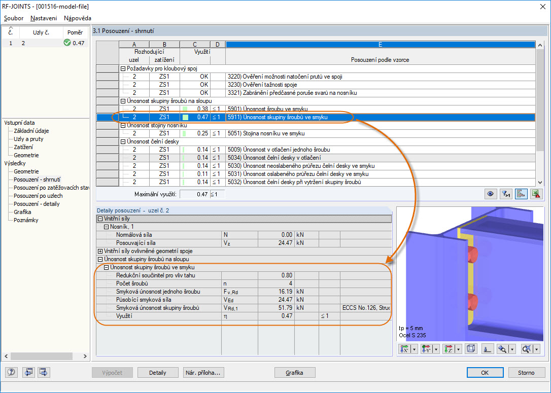 Zusammenfassung der Nachweise in RF-JOINTS Stahl - Gelenkig