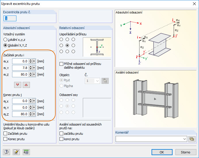 Zadání excentricity na nosníku