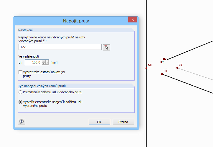 Prodloužení volných konců prutů a sloučení do společného uzlu