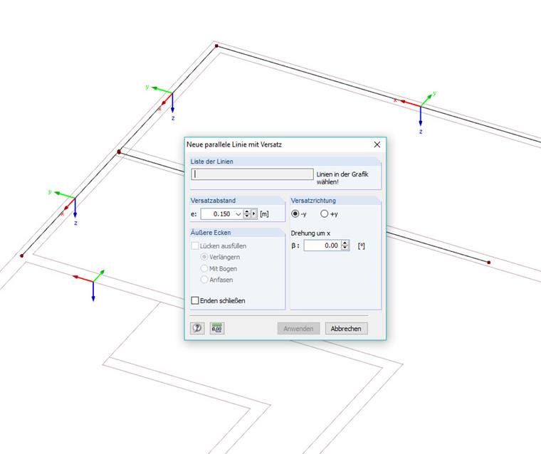 DXF hladina na pozadí: Středová linie stěny vytvořená pomocí Uchopení vnější hrany s odsazením