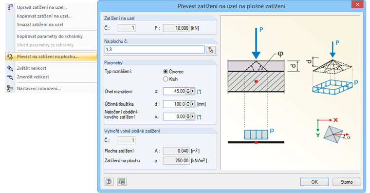 Převedení uzlového zatížení na zatížení na plochu