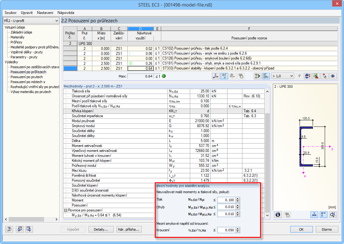 Mezní hodnoty pro případ 2 a úspěšná analýza klopení