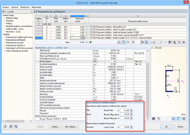 Mezní hodnoty pro případ 2 a úspěšná analýza klopení