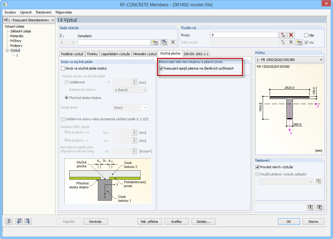 Aktivierung der Berücksichtigung von Schubkräften zwischen Steg und Gurten in RF-BETON Stäbe