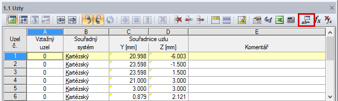Tlačítko [Upravit parametry] v panelu nástrojů v okně vstupních tabulek
