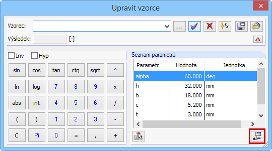 Tlačítko [Upravit parametry] v editoru vzorců