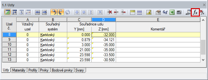 Tlačítko [Upravit vzorce] v panelu nástrojů v okně tabulek