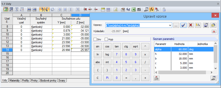 Souřadnice uzlů: Upravit vzorec