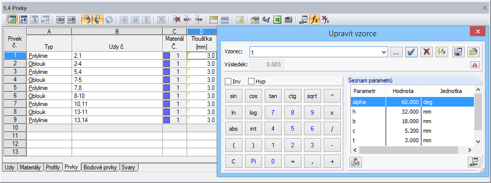 Parametr Tloušťka prvku