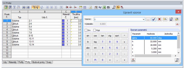 Parametr Tloušťka prvku