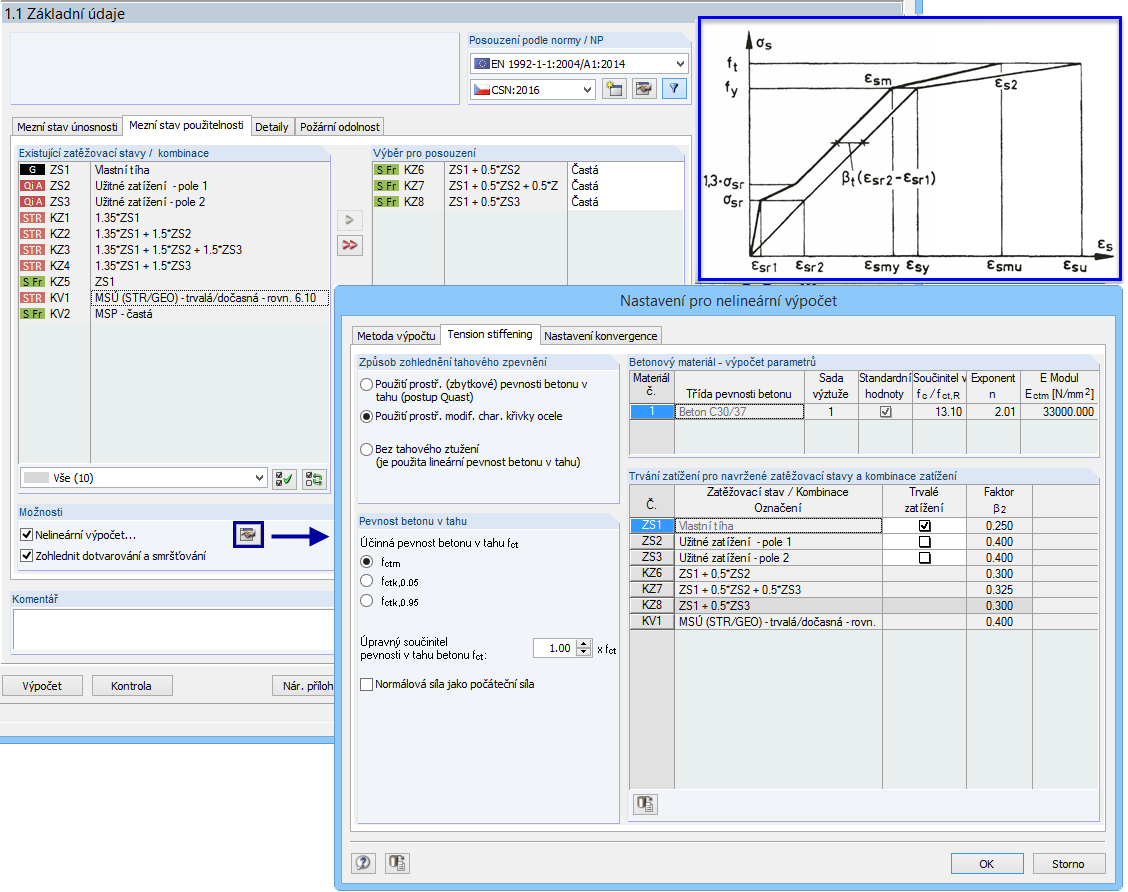 Dialog v modulu CONCRETE „Základní údaje“ pro mezní stav použitelnosti s detailním nastavením nelineárního výpočtu podle [2]