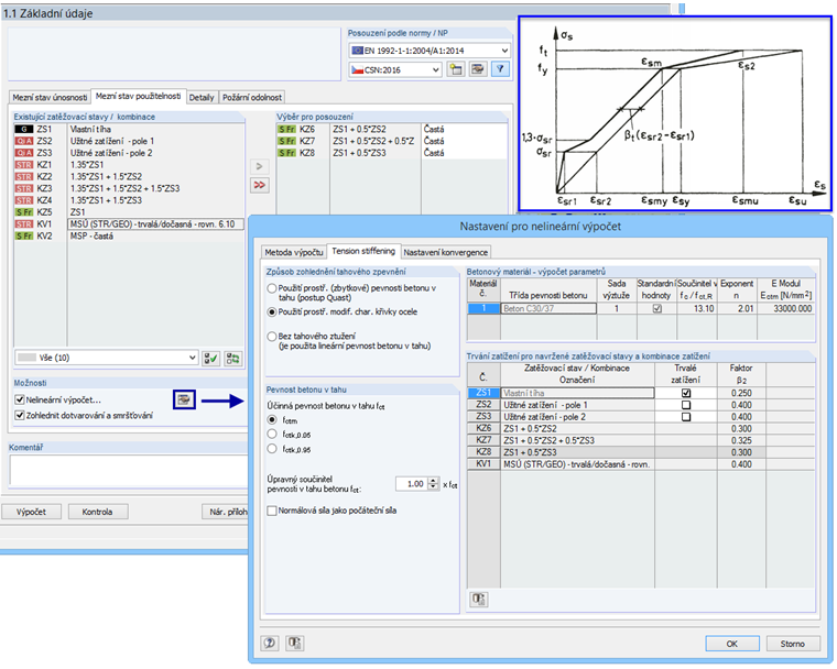 Dialog v modulu CONCRETE „Základní údaje“ pro mezní stav použitelnosti s detailním nastavením nelineárního výpočtu podle [2]