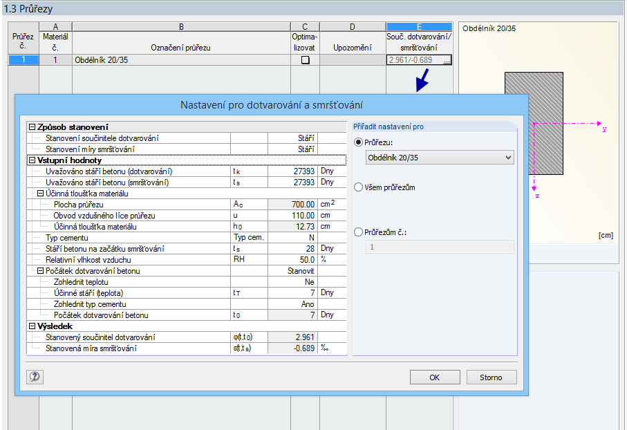 Dialog v modulu CONCRETE „1.3 Průřezy“ s nastavením pro dotvarování a smršťování
