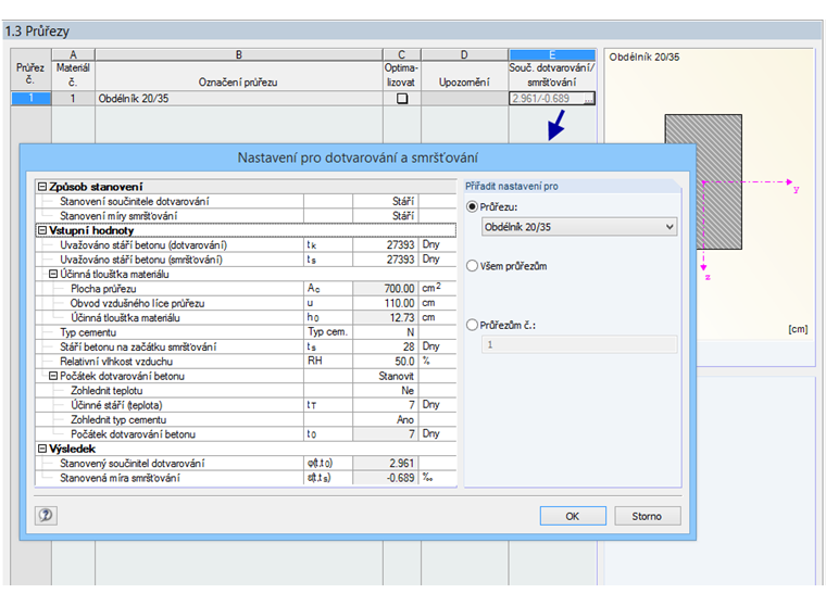 Dialog v modulu CONCRETE „1.3 Průřezy“ s nastavením pro dotvarování a smršťování