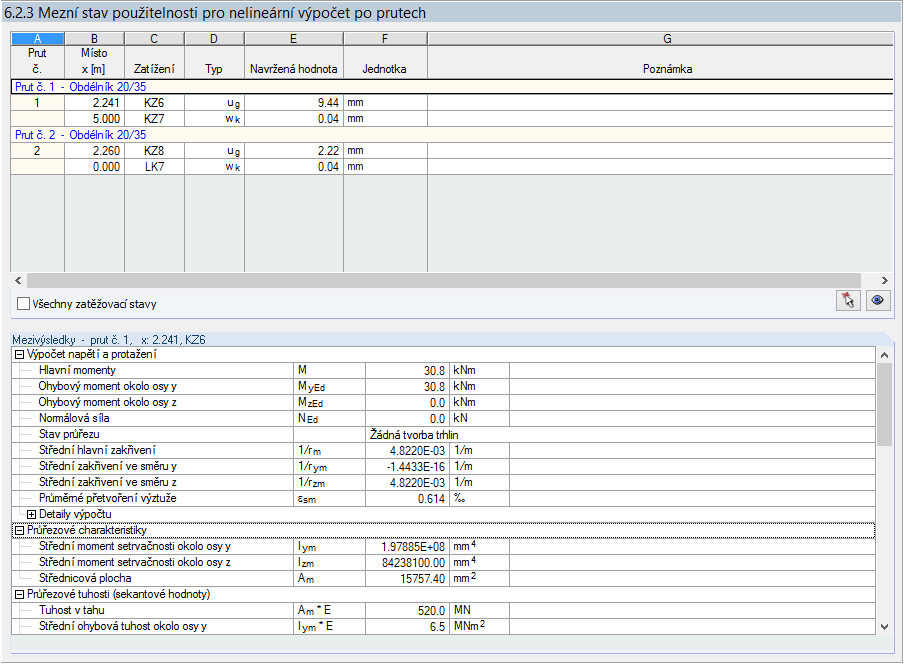 Dialog „6.2.3 Mezní stav použitelnosti pro nelineární výpočet po prutech“