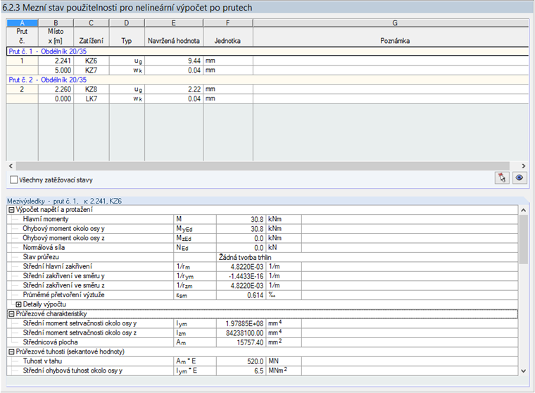 Dialog „6.2.3 Mezní stav použitelnosti pro nelineární výpočet po prutech“