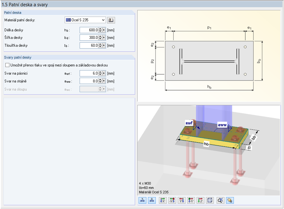 Dialog „1.5 Patní deska a svary“ v modulu RF-/JOINTS