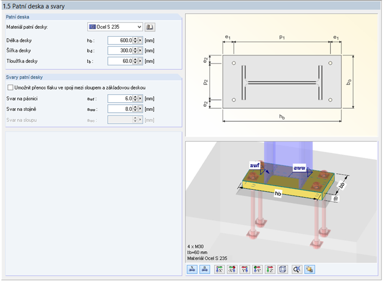 Dialog „1.5 Patní deska a svary“ v modulu RF-/JOINTS