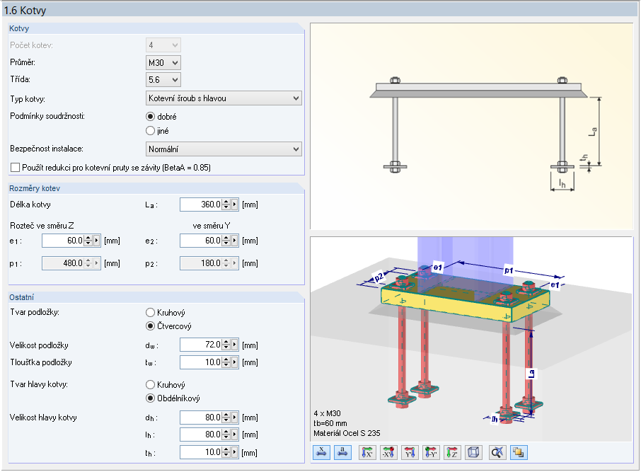 Dialog „1.6 Kotvy“ v modulu RF-/JOINTS