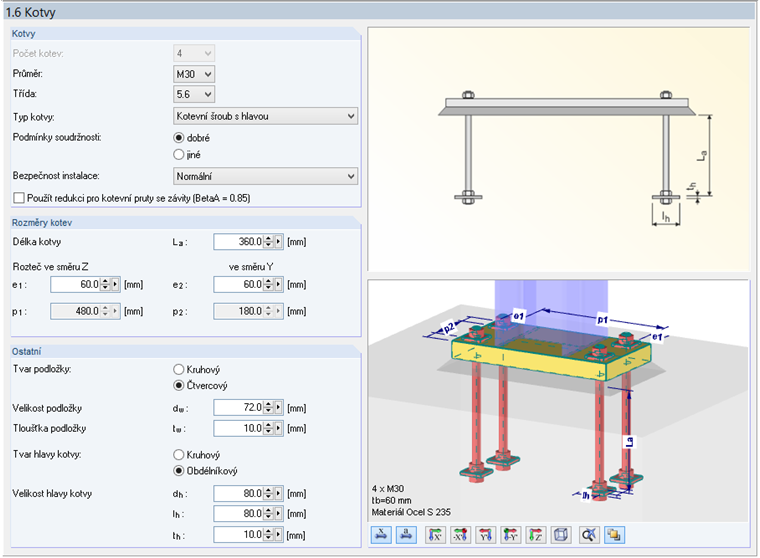 Dialog „1.6 Kotvy“ v modulu RF-/JOINTS