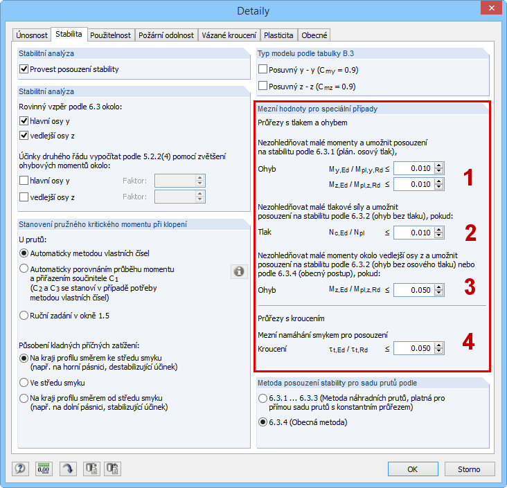 Definice mezních hodnot pro zvláštní případy