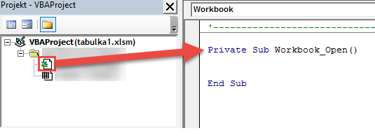 Subrutina Workbook_Open uložená do sešitu