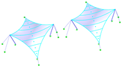 Hypars rozdělené podle geodetických řezů (vlevo) a rovinných řezů (vpravo)