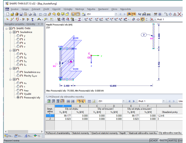 Posouvající síly v dílčím průřezu