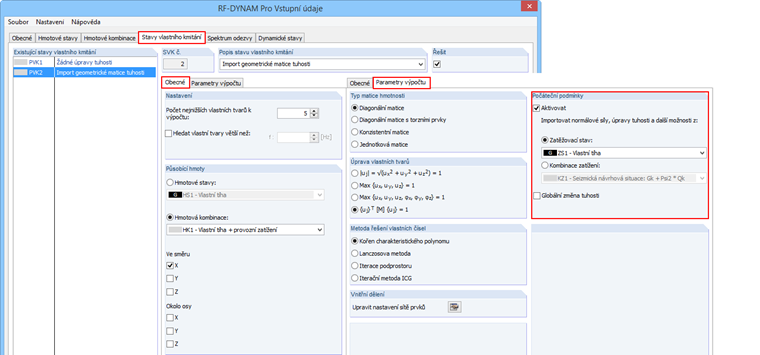 Parametry pro stanovení vlastních čísel v modulu RF -DYNAM Pro - Natural Vibrations