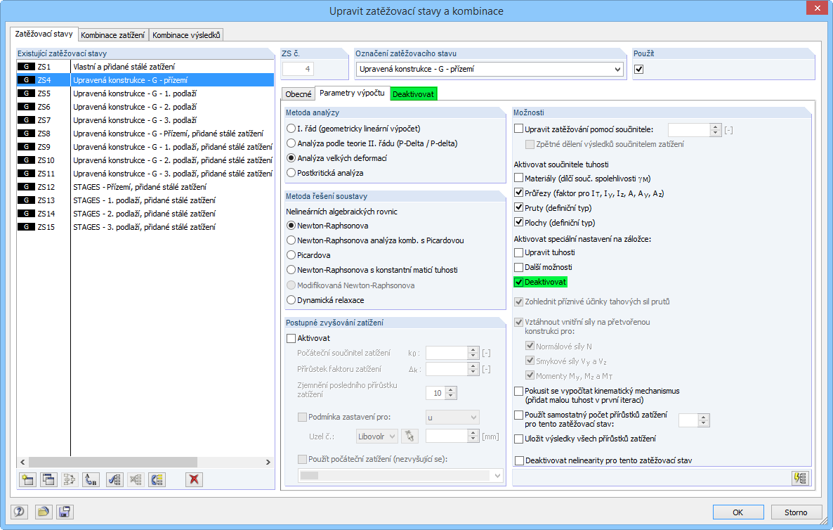 Parametry výpočtu zatěžovacích stavů