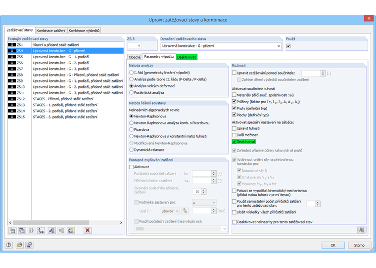 Parametry výpočtu zatěžovacích stavů